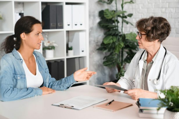 Female middle-aged patient complaining about illness diseases symptoms to elderly senior doctor